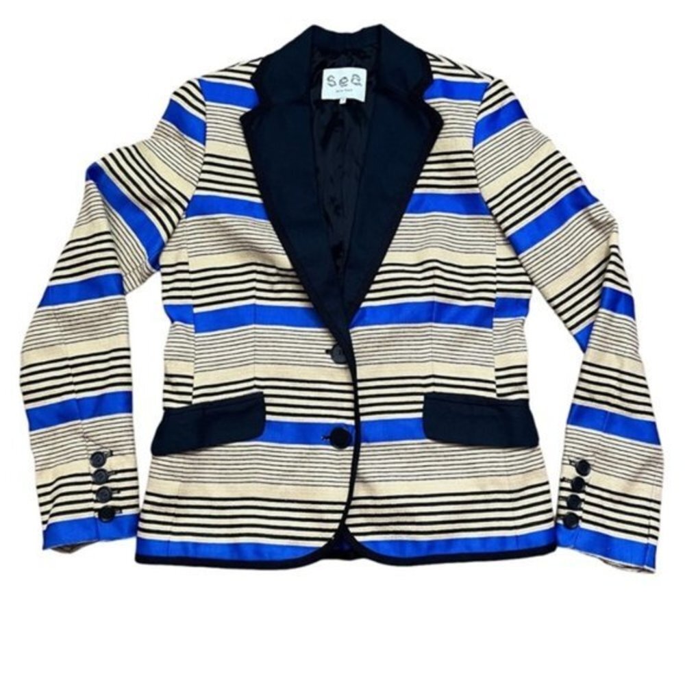 Sea New York Blue Tan Striped Blazer Women Size‎ 2